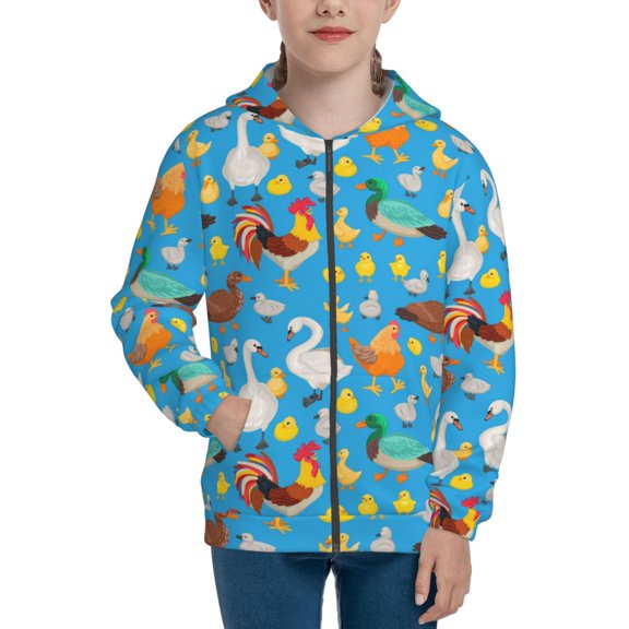 Kdxio Rooster And Chickens Pattern Kids Boys Girls Zip Up Hoodie 3D Printed Hooded Sweatshirt Hoody Coat with Pocket 7-12 Y-Medium