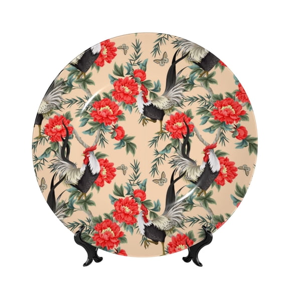 Kdxio Roosters And Peonies Flowers Bone China Decorative Plate Ceramic Decorative Plate for Home Office Wall Stand Decorative Plates for Home Bedroom-6in