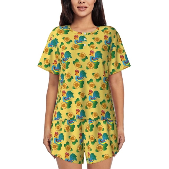Kdxio Roosters And Sunflowers Print Pajamas Sets for Women Short-Sleeved Pjs with Lounge Shorts Two Piece Sleepwear S-4XL