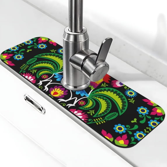 Kdxio Roosters and Flowers Pattern Non-Slip Diatom Mud Faucet Drain Pad,Self Absorbent Mat for Kitchen Sink for Variety Kitchen & Bathroom Countertops