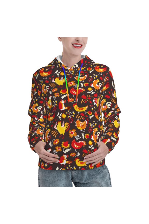 Roosters Print Womens Oversized Hoodies Sweatshirts Hooded Pullover Tops Sweaters Casual-Large