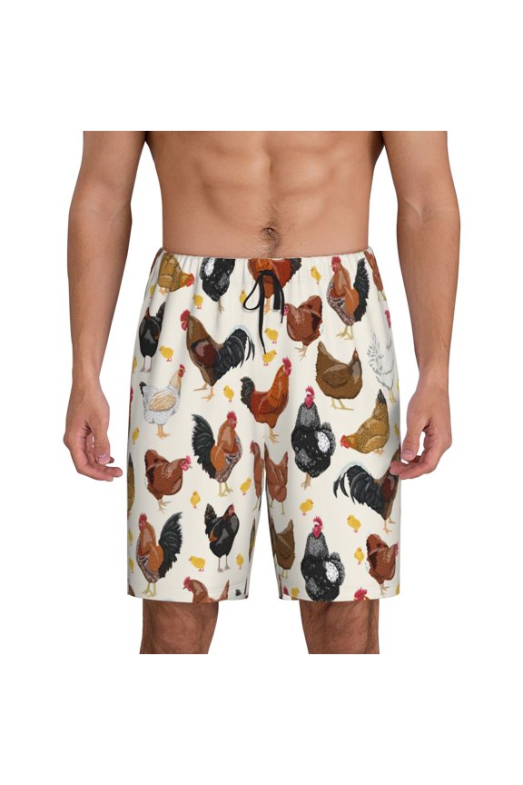 Roosters and Chickens Print Mens Sleep Shorts Bottoms Soft Comfy Pajama Wear Pants with Drawstring Pockets