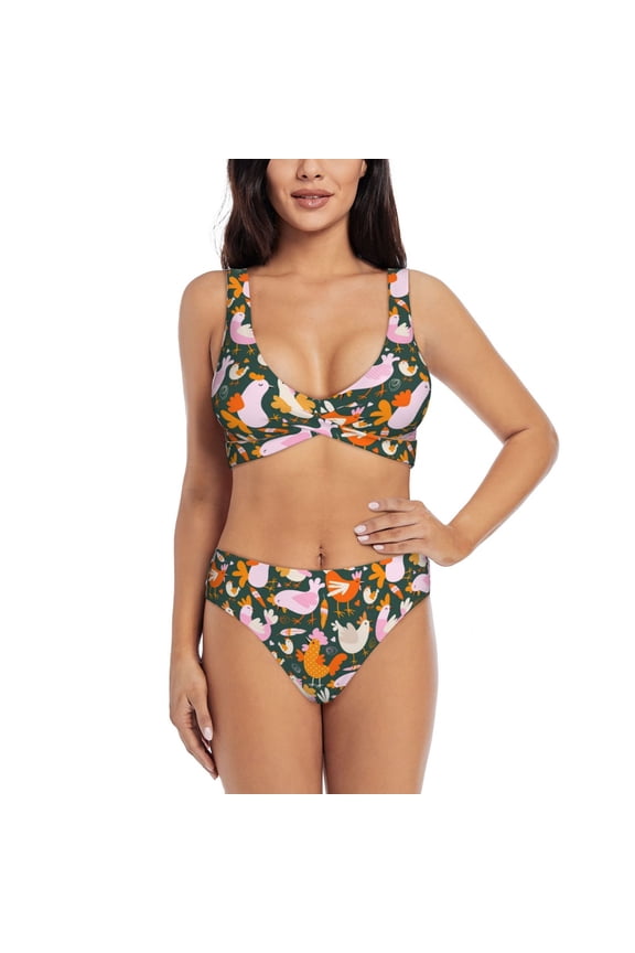 Roosters and Chicks Print Women's 2 Piece High Waisted Wrap Spaghetti Strap Summer Swimsuit Bikini Set-XX-Large