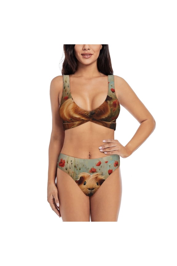 Rose Cute Guinea Pig Print Women's 2 Piece High Waisted Wrap Spaghetti Strap Summer Swimsuit Bikini Set-Large