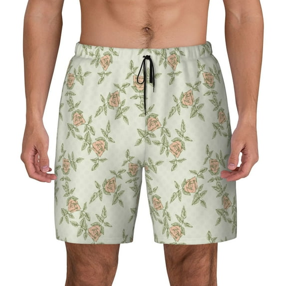 Kdxio Rose Darkseagreen Print Men'S Swim Trunks With Compression Liner 7 Inch Inseam Quick Dry Swim Shorts