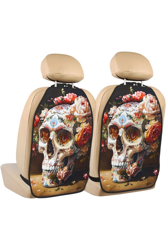 Rose Floral Skull Print 2 Pack Car Kick Mat Seat Cover Back Protector Mat with Pockets for Organizer Backseat Protector and Storage Anti Kick Pad for Vehicles