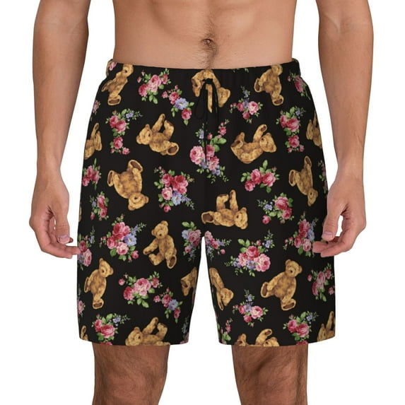 Kdxio Rose Flower Bear Print Men's Swim Trunks with Compression Liner 7 Inch Inseam Quick Dry Swim Shorts