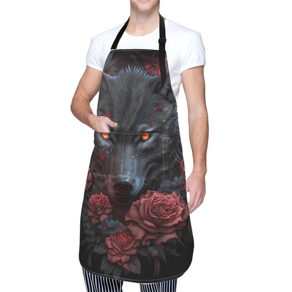 Kdxio Rose Full Moon Black Wolf Apron with Pockets Adjustable Kitchen Aprons for Men Women Waterproof Aprons for Cooking,Drawing,Crafting, Baking Household Cleaning