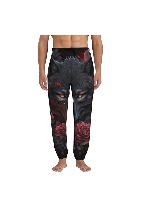 Rose Full Moon Black Wolf Pattern Joggers,Sweatpants for Men with Pockets-Large