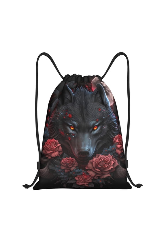 Rose Full Moon Black Wolf Print Drawstring Backpack Bag,Waterproof Draw String Back Sack, Gym Drawstring Bags Swim Bag For Unisex
