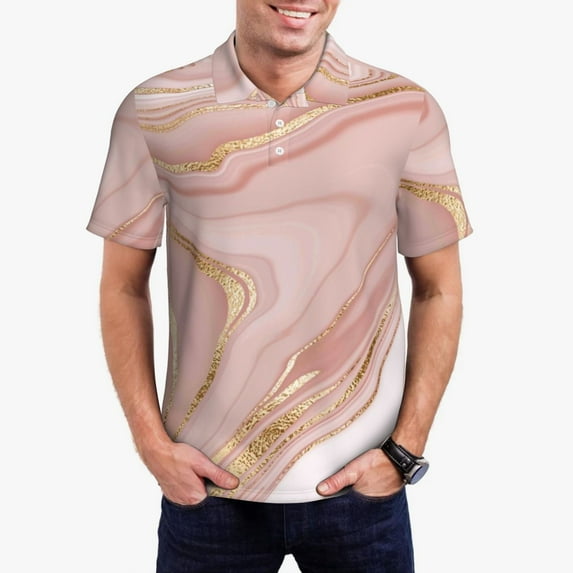 Kdxio Rose Gold Glitter Splatter Print Men's Short Sleeve Polo Shirt,Midweight Men's Shirt