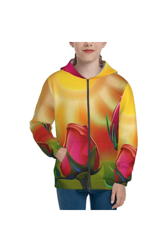 Rose Psychedelic Pattern Kids Boys Girls Zip Up Hoodie 3D Printed Hooded Sweatshirt Hoody Coat with Pocket 7-12 Y-Small