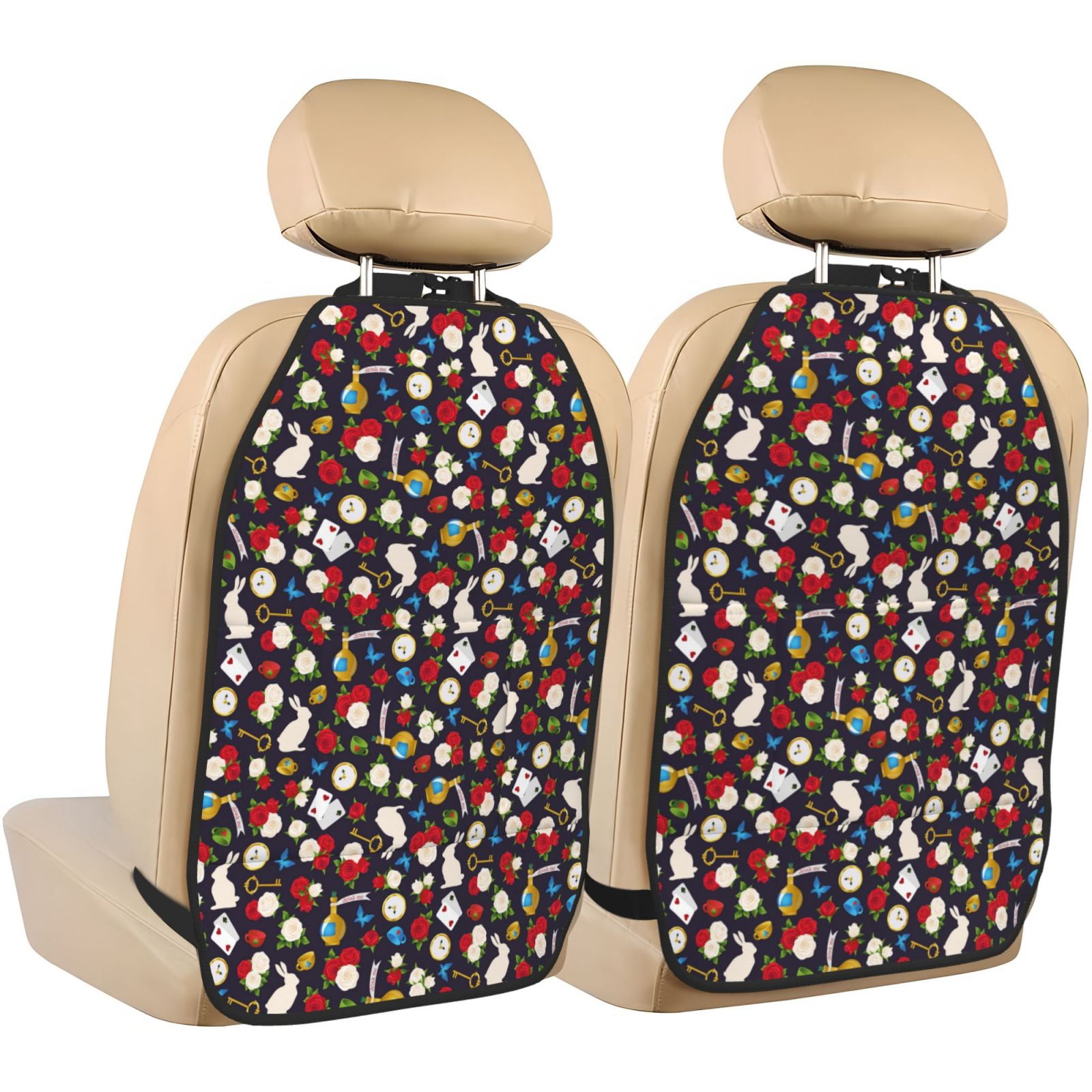 Kdxio Rose Rabbit Print 2 Pack Car Kick Mat Seat Cover Back Protector Mat with Pockets for Organizer Backseat Protector and Storage Anti Kick Pad for Vehicles