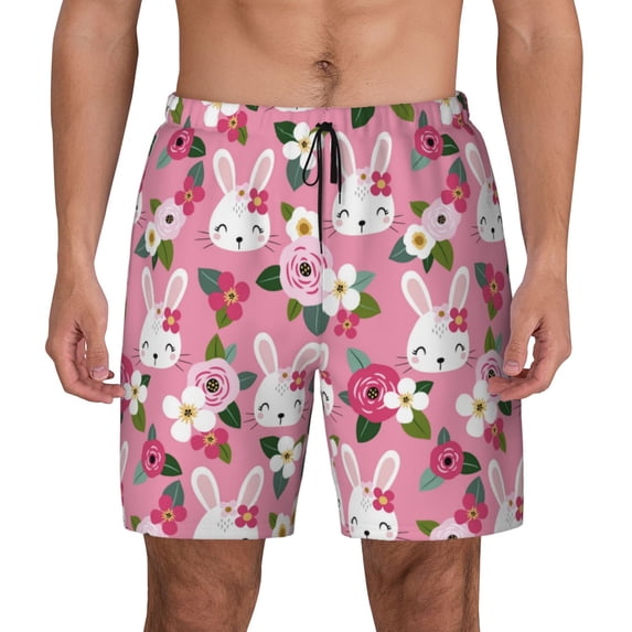 Kdxio Rose Rabbit Print Men's Swim Trunks with Compression Liner 7 Inch Inseam Quick Dry Swim Shorts