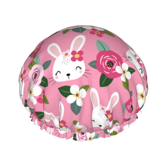 Kdxio Rose Rabbit Print Shower Cap for Women,Elastic and Reusable,Double Waterproof Layers Bathing Hat