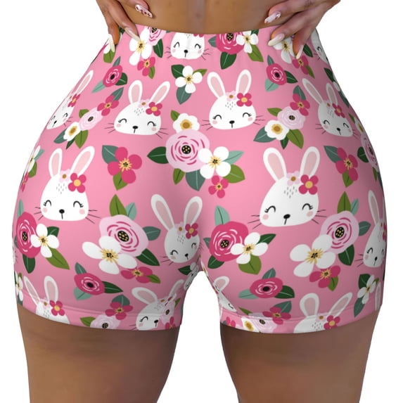 Kdxio Rose Rabbit Print Workout Shorts for Women Seamless Soft Smooth Gym Yoga Scrunch Active Shorts