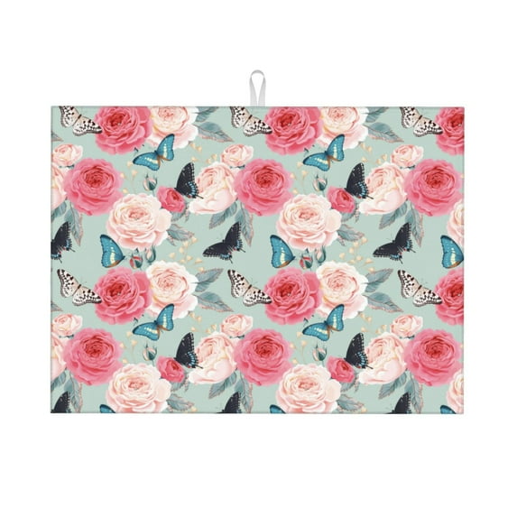 Kdxio Roses and Butterflies for Dish Drying Mat,24*18 inch Absorbent Dish Drainer Kitchen Counter,Large Size Dish Drying Pad for Countertops,Draining Racks