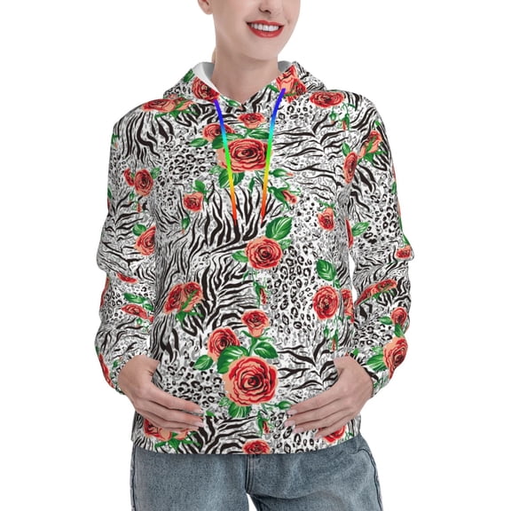 Kdxio Roses Mixed Zebra 1 Print Womens Oversized Hoodies Sweatshirts Hooded Pullover Tops Sweaters Casual-Medium
