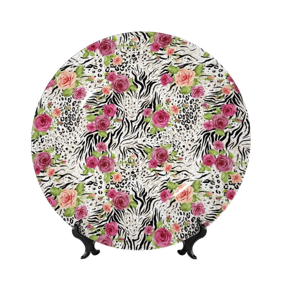 Kdxio Roses Mixed Zebra Bone China Decorative Plate Ceramic Decorative Plate for Home Office Wall Stand Decorative Plates for Home Bedroom-10in