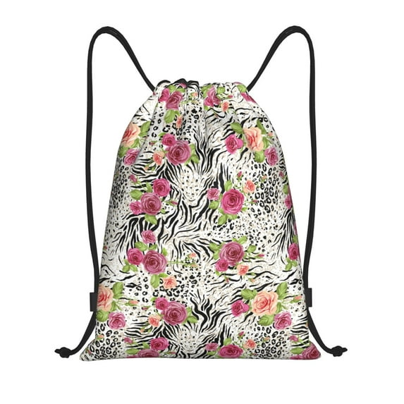 Kdxio Roses Mixed Zebra Print Drawstring Backpack Bag,Waterproof Draw String Back Sack, Gym Drawstring Bags Swim Bag For Unisex