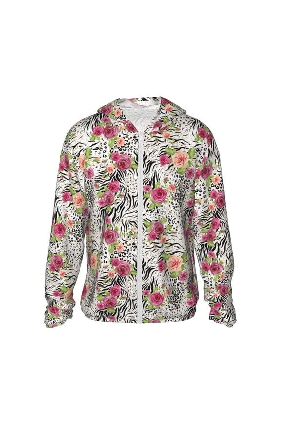 Roses Mixed Zebra Print Women Men Sun Protection UPF 50+ Jackets Zip Up Long Sleeve Hoodie Hiking Lightweight with Pockets