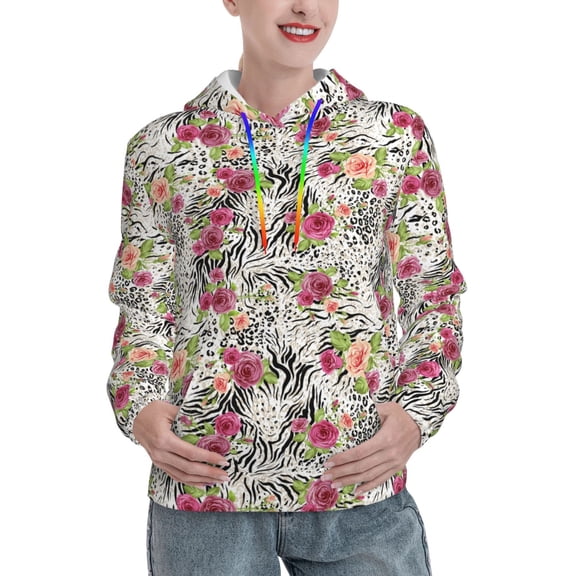 Kdxio Roses Mixed Zebra Print Womens Oversized Hoodies Sweatshirts Hooded Pullover Tops Sweaters Casual-Large