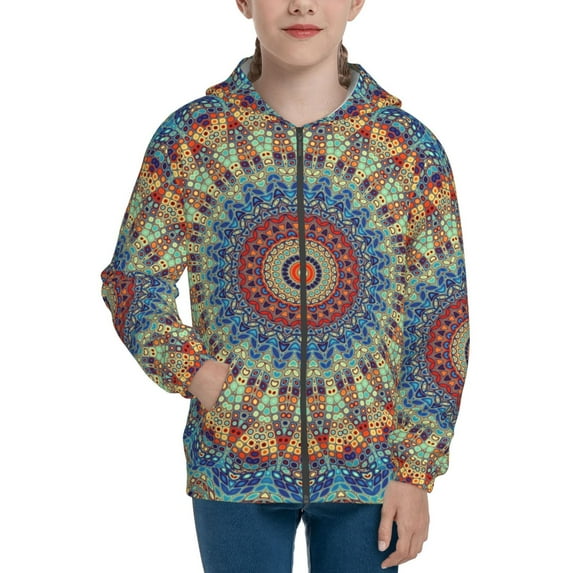 Kdxio Round Mandala Pattern Kids Boys Girls Zip Up Hoodie 3D Printed Hooded Sweatshirt Hoody Coat with Pocket 7-12 Y-Medium