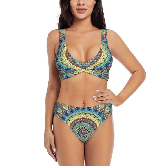 Kdxio Round Mandala1 Print Women's 2 Piece High Waisted Wrap Spaghetti Strap Summer Swimsuit Bikini Set-Large