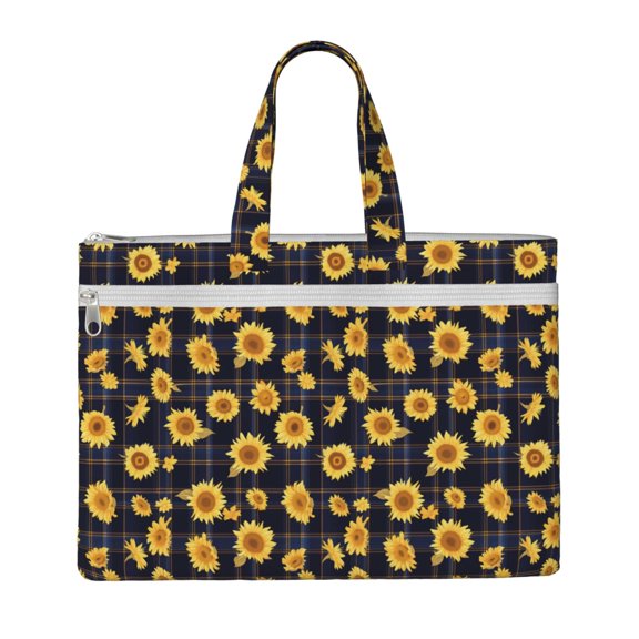 Kdxio Royal Blue Plaid Sunflower File Tote Document Bag Business Briefcase Bag Document Organizer Tote Briefcase for Letter A4 Files Business Teacher Office Bag
