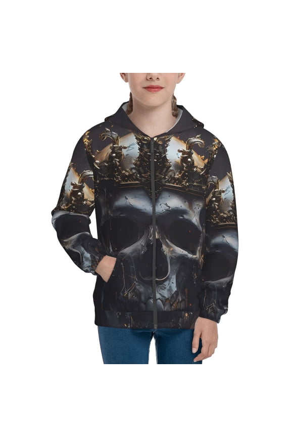 Royal Skull With Golden Crown Pattern Kids Boys Girls Zip Up Hoodie 3D Printed Hooded Sweatshirt Hoody Coat with Pocket 7-12 Y-Medium