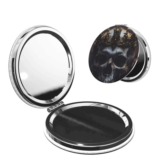 Kdxio Royal Skull With Golden Crown Pocket Mirror, 1X/2X Travel Makeup Mirror 2-Sided Folding Small Mirror Portable Double-Sided Magnifying Cosmetic Mirror for Gift-Round Shape