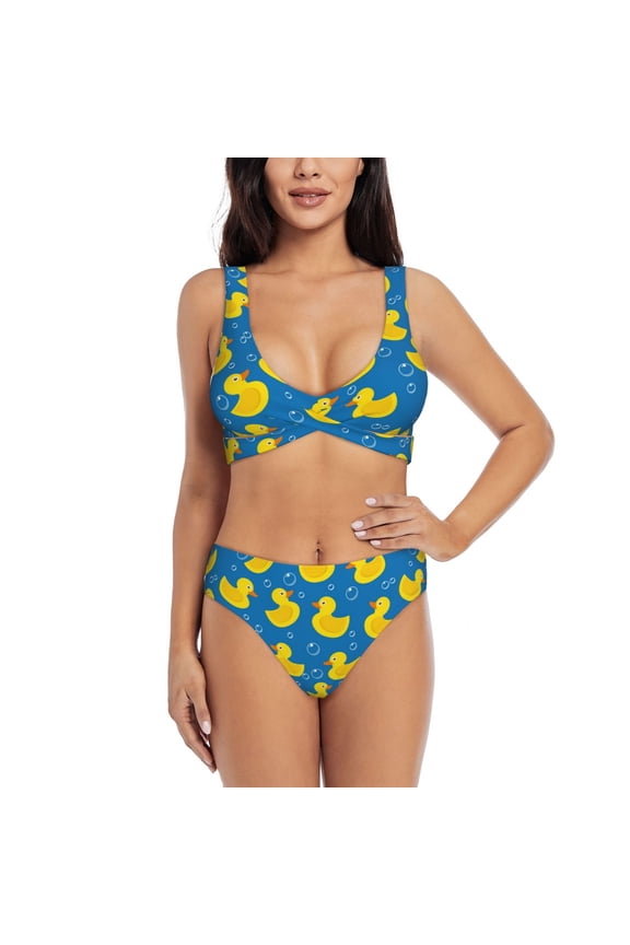 Rubber Duck Print Women's 2 Piece High Waisted Wrap Spaghetti Strap Summer Swimsuit Bikini Set-Medium