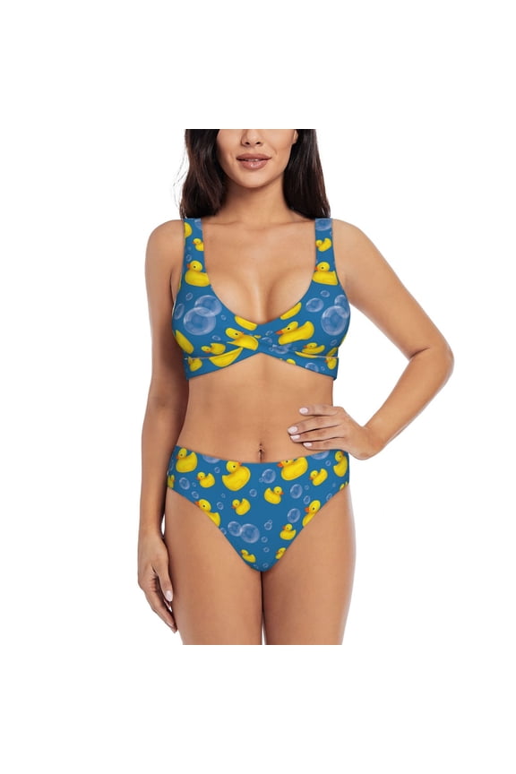 Rubber Duck Print Women's 2 Piece High Waisted Wrap Spaghetti Strap Summer Swimsuit Bikini Set-XX-Large