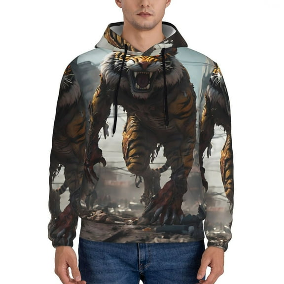 Kdxio Ruins Tiger Warrior Print Mens Casual Hooded Collar Drawstring Hoodies Pullover Sweatshirts Casual Long Sleeve Shirts-XX-Large