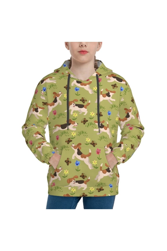 Running Beagle Pattern Boys Athletic Unisex Boys Girls Hoodie with Pocket Sweatshirts-Large