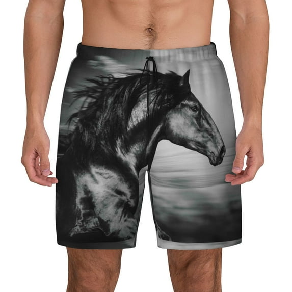 Kdxio Running Horse Black And White Print Men'S Swim Trunks With Compression Liner 7 Inch Inseam Quick Dry Swim Shorts