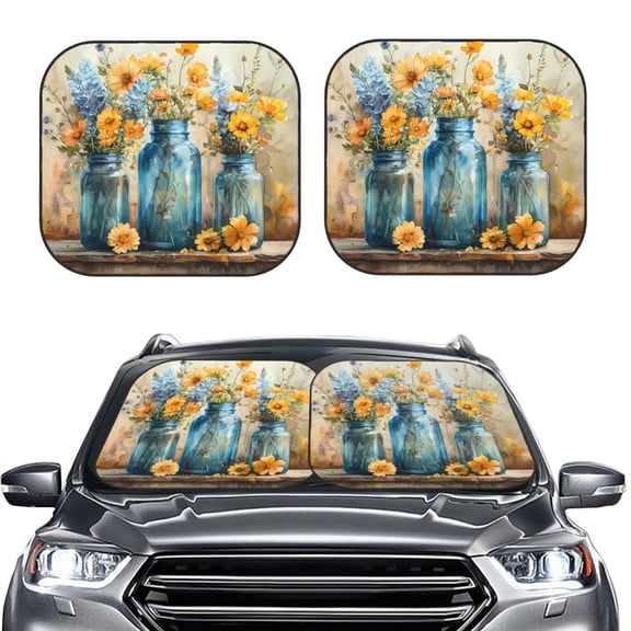 Kdxio Rustic Blue Vase Blossoms Print 2-Piece Sun Shade Front Windshield - Foldable Car Front Window Sunshades for Most Sedans SUV Truck