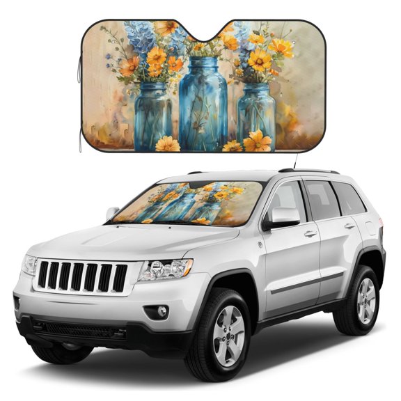 Kdxio Rustic Blue Vase Blossoms Print Windshield Sun Shade, Foldable Sun Blocker for Car,Truck,SUV Automotive Interior Sun Protection,Reflective Shade for Front Windshield(Small)