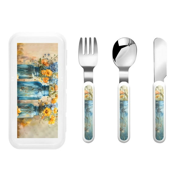 Kdxio Rustic Blue Vase Blossoms Toddler Utensils Set - Kids Silverware Set, Set Kids Utensils Set with Case for Preschooler Children