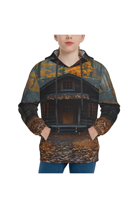 Rustic Cabin Autumn Forest Pattern Boys Athletic Unisex Boys Girls Hoodie with Pocket Sweatshirts-X-Large