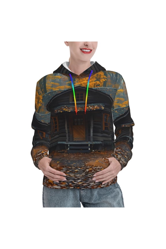 Rustic Cabin Autumn Forest Print Womens Oversized Hoodies Sweatshirts Hooded Pullover Tops Sweaters Casual-Small