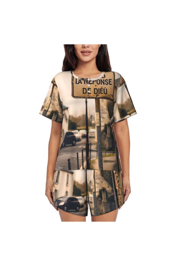 Rustic French Signpost Print Pajamas Sets for Women Short-Sleeved Pjs with Lounge Shorts Two Piece Sleepwear S-4XL