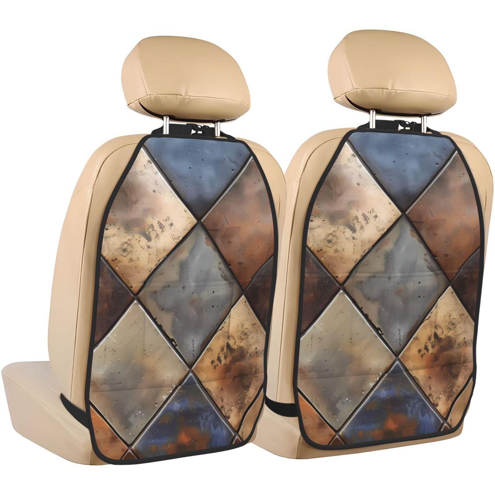Kdxio Rustic Tile Pattern Print 2 Pack Car Kick Mat Seat Cover Back Protector Mat with Pockets for Organizer Backseat Protector and Storage Anti Kick Pad for Vehicles