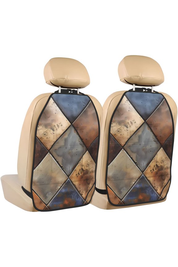 Rustic Tile Pattern Print 2 Pack Car Kick Mat Seat Cover Back Protector Mat with Pockets for Organizer Backseat Protector and Storage Anti Kick Pad for Vehicles