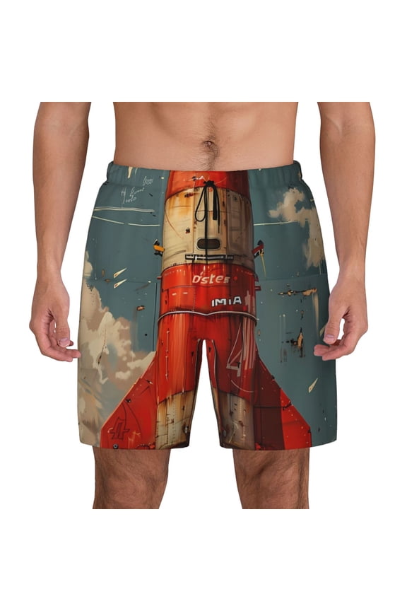 Rusty Rocket Launch Print Men's Swim Trunks with Compression Liner 7 Inch Inseam Quick Dry Swim Shorts