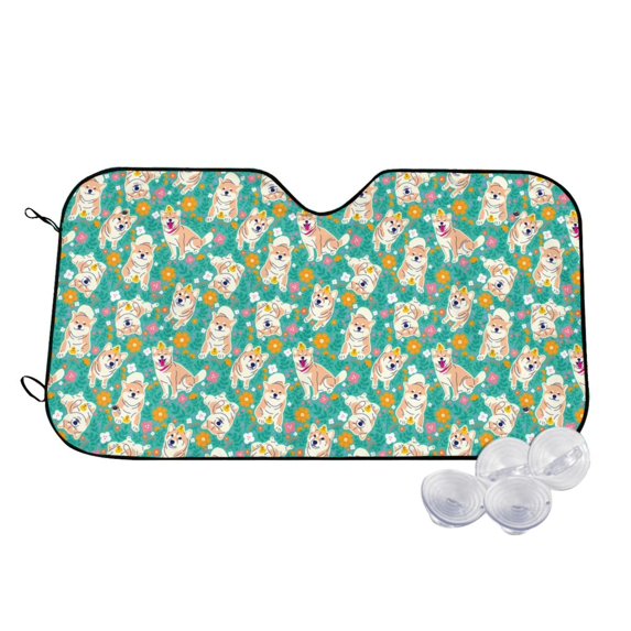 Kdxio SHIBA WITH FLORAL Print Windshield Sun Shade,UV Rays and Sun Heat Protection,Sunshade for Car Windshield,Car Shade Front Windshield - Small