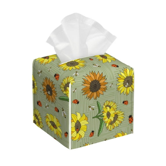 Kdxio Sage Green With Sunflowers Print Tissue Box Cover,Square Decorative PU Leather Facial Paper Case Organizer Holder Dispenser for Bathroom,Night Stands,Desk,Car 5.2''X5.2''X5.2''