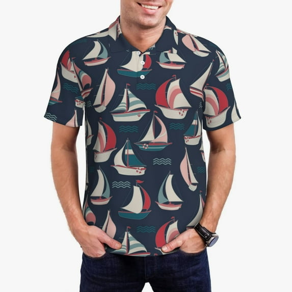 Kdxio Sailboat And Wave Print Men's Short Sleeve Polo Shirt,Midweight Men's Shirt