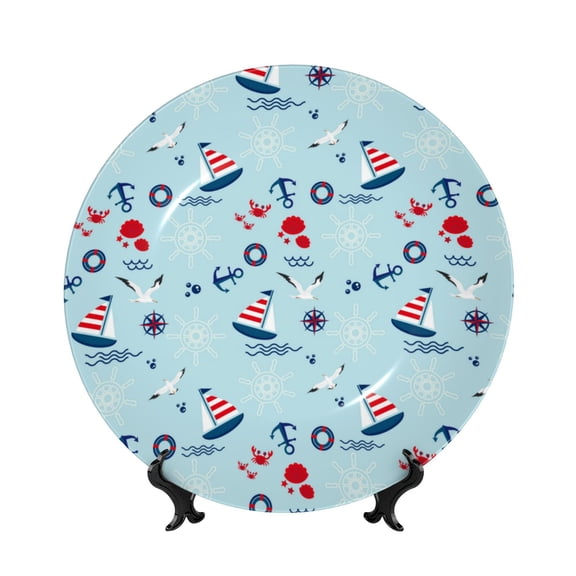 Kdxio Sailboats Anchors Bone China Decorative Plate Ceramic Decorative Plate for Home Office Wall Stand Decorative Plates for Home Bedroom-8in