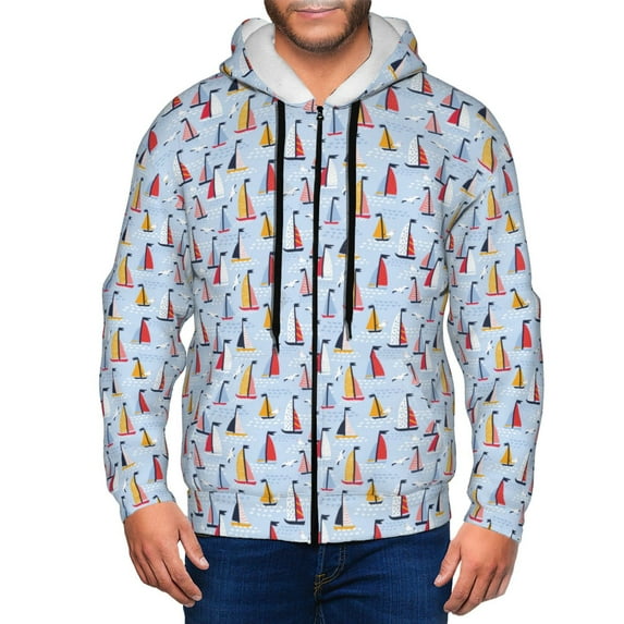 Kdxio Sailboats And Seagulls Print Men Hoodies Casual Hoodies for Men with Zip Pockets Full Zip Long Sleeve Sweatshirt Sports Hooded Jacket-Medium